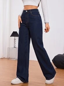 SHEIN Tall Women's Fashion Versatile Button Pocket Denim Jeans - Dark Wash - View 9