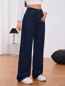 SHEIN Tall Women's Fashion Versatile Button Pocket Denim Jeans - Dark Wash - View 12