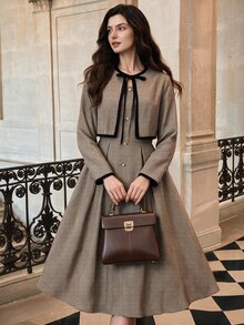 Vintamour Women's Plaid Pleated Dress And Cardigan Casual French Elegant 2 Pieces Set Dinner Party Dress Set Women Elegant Thanksgiving Day Dress For Women - Brown - View 1