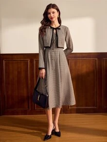 Vintamour Women's Plaid Pleated Dress And Cardigan Casual French Elegant 2 Pieces Set Dinner Party Dress Set Women Elegant Thanksgiving Day Dress For Women - Brown - View 7