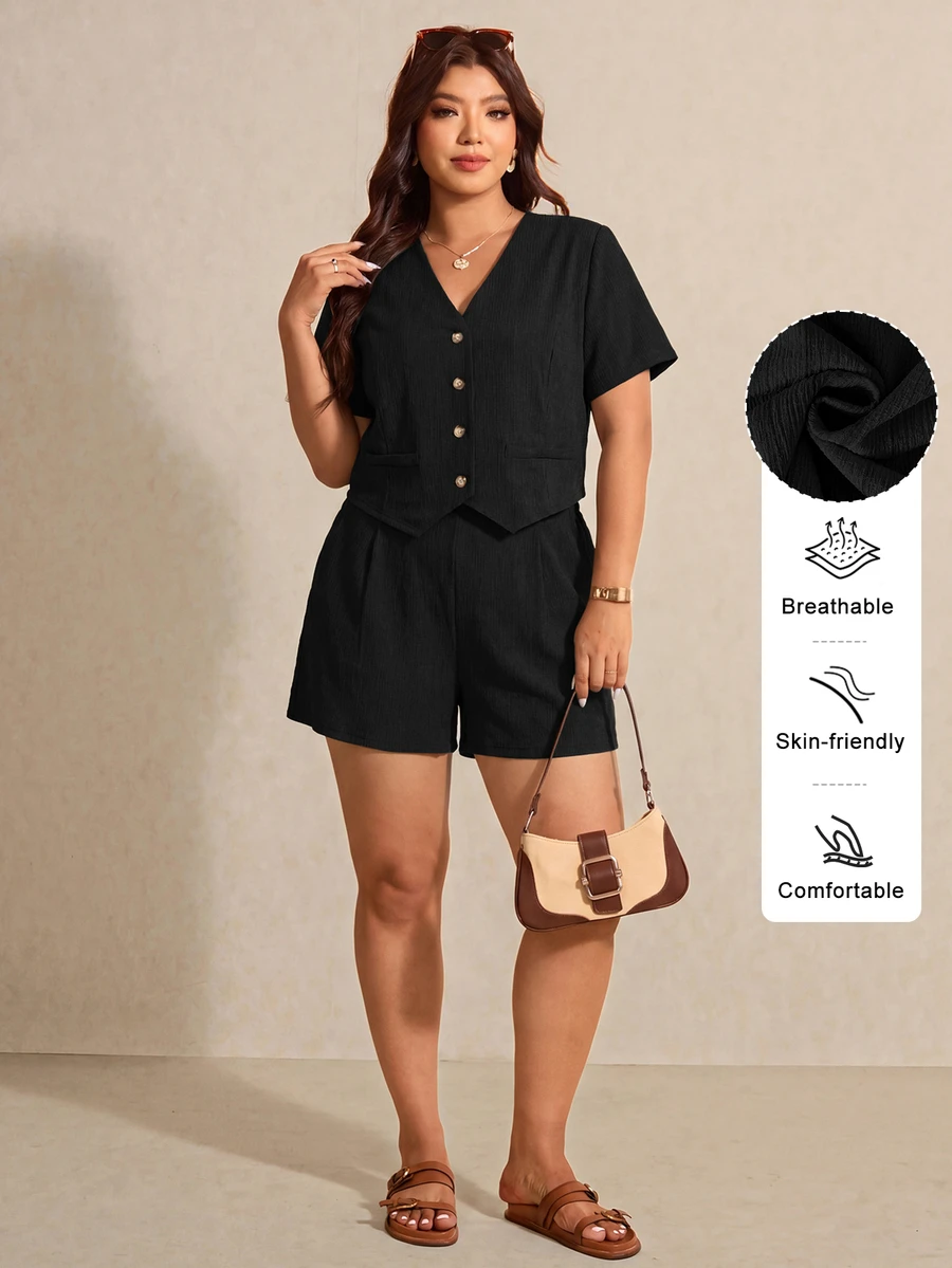 Elaquor Plus Size Women Solid Color V-Neck Single-Breasted Short Sleeve Top And Shorts 2-Piece Set