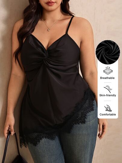 Elaquor Chaleco negro casual de tirantes finos con nudo y ribete de encaje para mujer, talla grande, elegante, para verano, oficina, negocios, trabajo y uso diario para salir