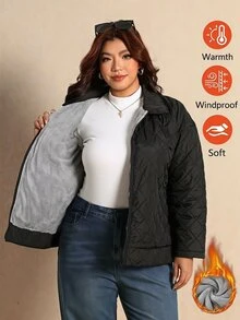 Elaquor Plus Size Women Solid Color Casual Capsule Versatile Daily Wear Long Sleeve Jacket Black Coat For Fall/Winter Going Out Homewear Travel - Black - View 1