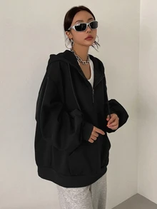 DAZY Zip Up Drop Shoulder Drawstring Thermal Lined Hoodie,Long Sleeve Tops,Fall Women Clothes Sweatshirt Jacket - Black - View 4