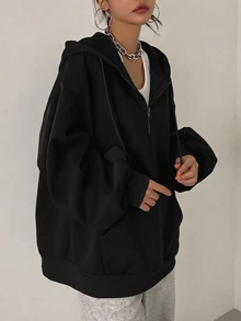 DAZY Zip Up Drop Shoulder Drawstring Thermal Lined Hoodie,Long Sleeve Tops,Fall Women Clothes Sweatshirt Jacket - Black - View 6