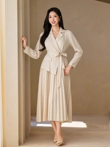 Wynsel 女款純色腰部打結休閒派對中長洋裝 秋季 - 黑色 - 查看 2