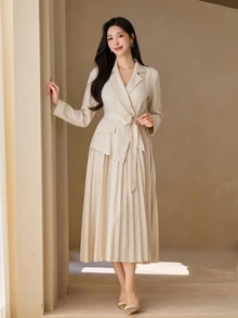 Wynsel 女款純色腰部打結休閒派對中長洋裝 秋季 - 黑色 - 查看 3