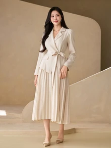 Wynsel 女款純色腰部打結休閒派對中長洋裝 秋季 - 黑色 - 查看 4