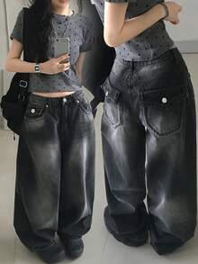 DAZY Celana Jeans Denim Wanita Gaya Jalanan Korea Model Lebar untuk Musim Gugur - Grey - View 4