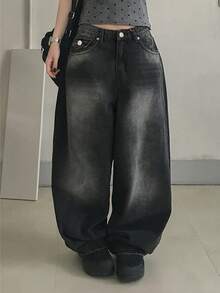 DAZY Celana Jeans Denim Wanita Gaya Jalanan Korea Model Lebar untuk Musim Gugur - Grey - View 5