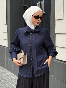 DAZY Áo blouse nữ đi làm thắt nơ buộc dây phong cách mùa thu - Màu xanh lam - Xem 2