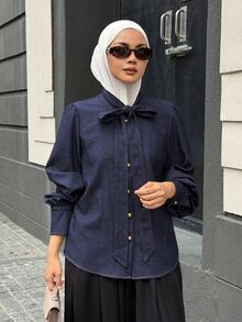 DAZY Áo blouse nữ đi làm thắt nơ buộc dây phong cách mùa thu - Màu xanh lam - Xem 4