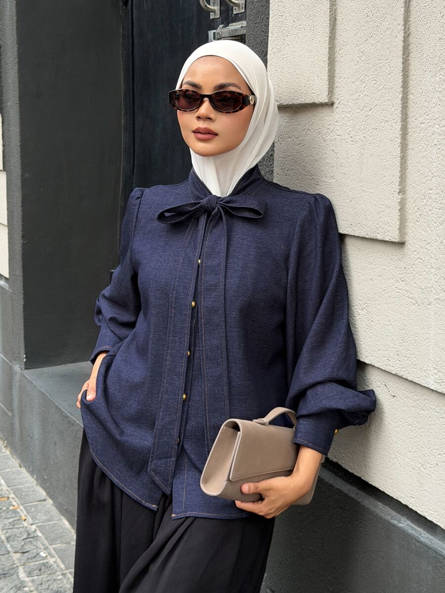 DAZY Áo blouse nữ đi làm thắt nơ buộc dây phong cách mùa thu - Màu xanh lam - Xem 1