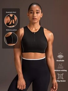 Powerista Women's Black High Neck Zipper Front Sports Bra Racer Back Workout Top With Breathable Mesh Fabric Back Sports Bra For High Support Reflective Strip - Black - View 2