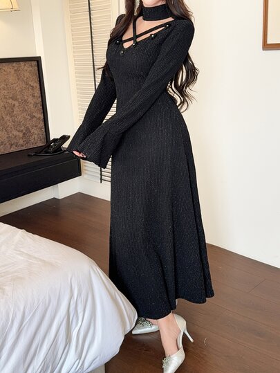 Feyla New Design High Neck Hollow Knit Waist-Cinching Slimming Elegant A-Line Dress
