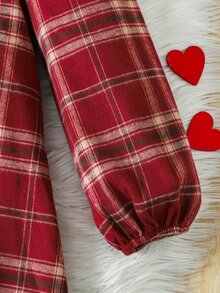 SHEIN Tween Girl Spring Autumn Winter Casual Elegant Vintage Red Plaid Patchwork Contrast Color Ruffle Trim Round Neck Long Sleeve Dress, Suitable For Christmas, New Year, Party Outfits, Red Dress, Sister Matching - Red - View 7