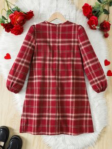 SHEIN Tween Girl Spring Autumn Winter Casual Elegant Vintage Red Plaid Patchwork Contrast Color Ruffle Trim Round Neck Long Sleeve Dress, Suitable For Christmas, New Year, Party Outfits, Red Dress, Sister Matching - Red - View 6