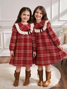 SHEIN Tween Girl Spring Autumn Winter Casual Elegant Vintage Red Plaid Patchwork Contrast Color Ruffle Trim Round Neck Long Sleeve Dress, Suitable For Christmas, New Year, Party Outfits, Red Dress, Sister Matching - Red - View 1