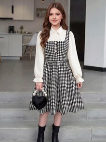 SHEIN 青少年女孩秋冬優雅學院風黑白千鳥格無袖2合1洋裝，附白色領襯衫，校園日常穿搭，洋裝套裝 - 黑與白 - 查看 1