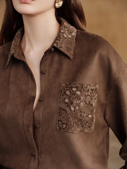 Anewsta Brown Lace Patchwork Turn-Down Collar Faux Suede Loose Long Sleeve Maillard Retro Women's Blouse
