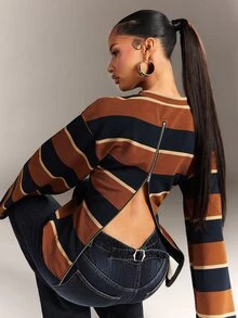 Denimoi Zipper Back Long Sleeve Stripe Top Fashion Tops Casual Fashionable Streetwear Cold Weather - Multicolor - View 1