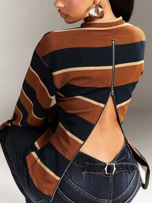 Denimoi Zipper Back Long Sleeve Stripe Top Fashion Tops Casual Fashionable Streetwear Cold Weather - Multicolor - View 5