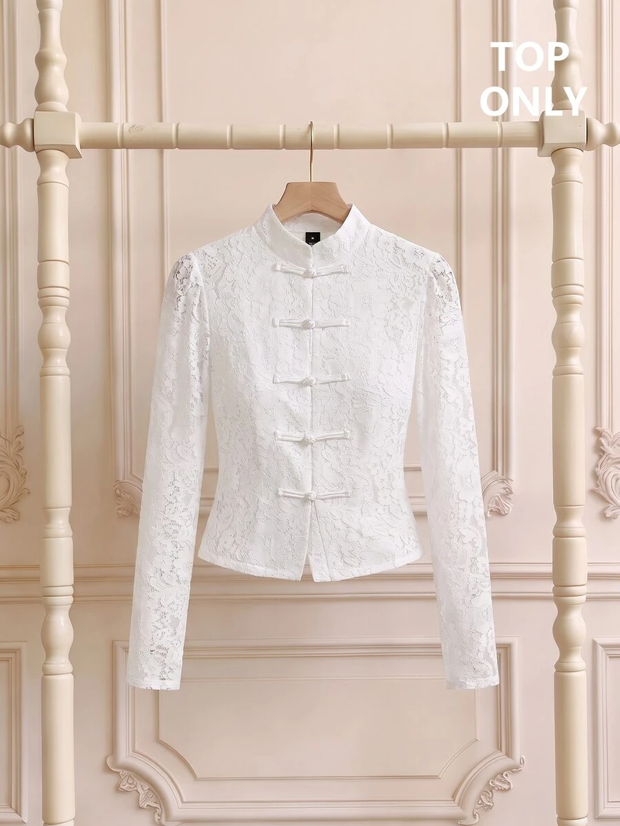 SHEIN MOD Women's Lace Button-Front Long Sleeve Elegant Blouse - White - View 1