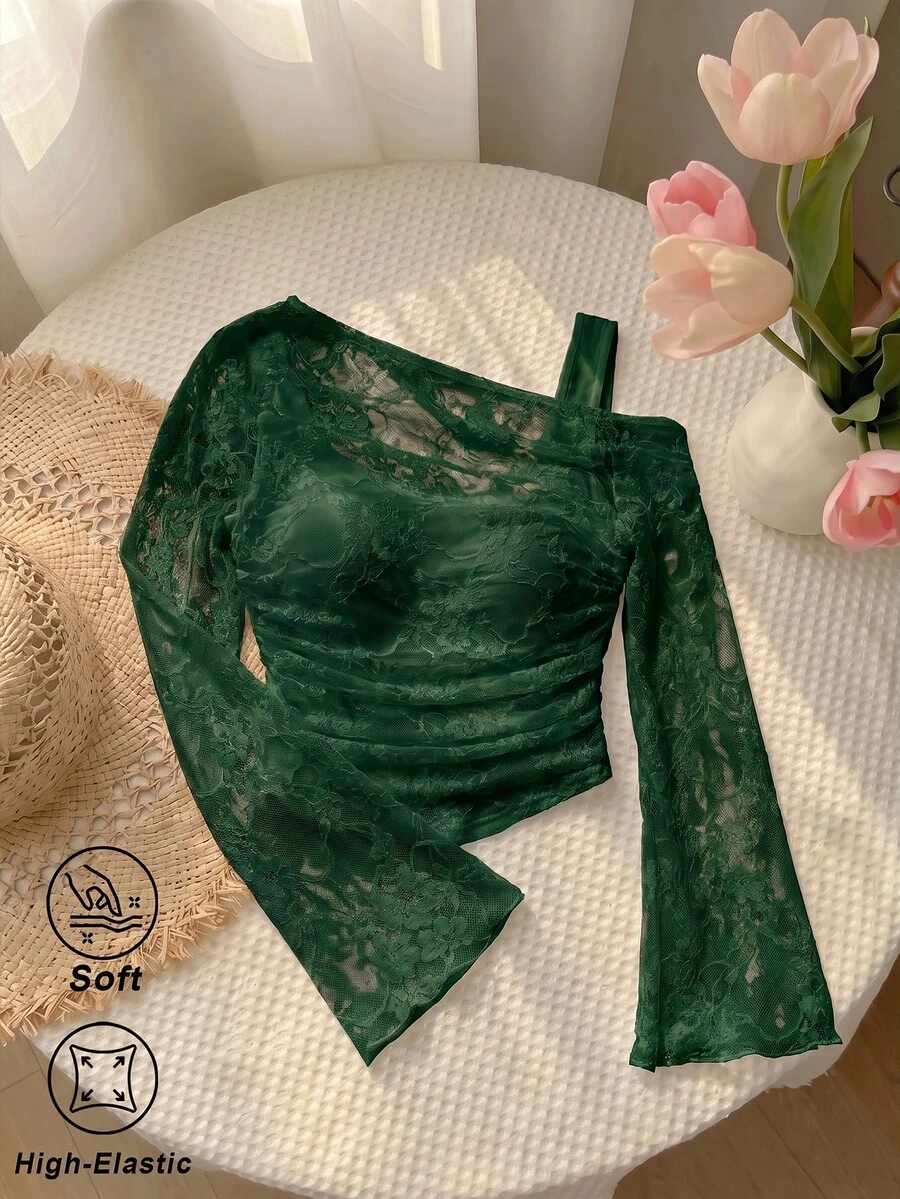 SHEIN MOD 深綠色露肩蕾絲 2-in-1 喇叭袖長袖女款上衣,適合秋季、聖誕、派對之夜、下午茶、海灘、婚禮,浪漫性感 - 墨綠色 - 查看 1