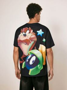 LOONEY TUNES X SHEIN Men's Letter Cartoon Pattern Casual Everyday Short Sleeve T-Shirt - Black - View 2