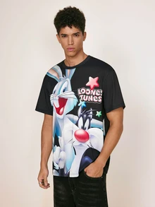 LOONEY TUNES X SHEIN Men's Letter Cartoon Pattern Casual Everyday Short Sleeve T-Shirt - Black - View 3