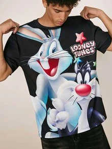 LOONEY TUNES X SHEIN Men's Letter Cartoon Pattern Casual Everyday Short Sleeve T-Shirt - Black - View 6