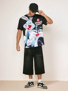 LOONEY TUNES X SHEIN Men's Letter Cartoon Pattern Casual Everyday Short Sleeve T-Shirt - Black - View 1