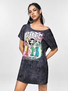 THE POWERPUFF GIRLS X SHEIN Women's Fashion Asymmetrical Shoulder Cartoon Print Dress - Dark Grey - View 3