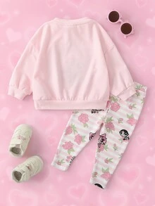 THE POWERPUFF GIRLS X SHEIN Bộ áo nỉ tay dài và quần in họa tiết hoạt hình cho bé gái - Hồng - Xem 3