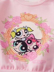 THE POWERPUFF GIRLS X SHEIN Bộ áo nỉ tay dài và quần in họa tiết hoạt hình cho bé gái - Hồng - Xem 5