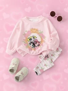 THE POWERPUFF GIRLS X SHEIN Bộ áo nỉ tay dài và quần in họa tiết hoạt hình cho bé gái - Hồng - Xem 1