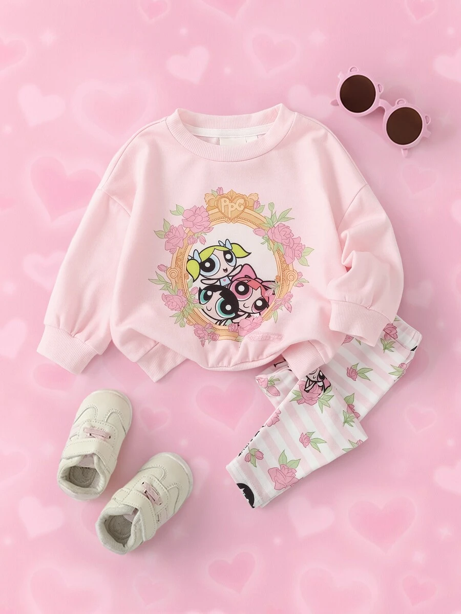 THE POWERPUFF GIRLS X SHEIN Bộ áo nỉ tay dài và quần in họa tiết hoạt hình cho bé gái - Hồng - Xem 1