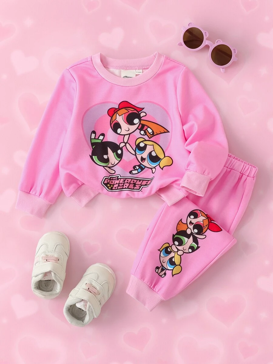 THE POWERPUFF GIRLS X SHEIN Baby Girl Cartoon Print Sweatshirt And Jogger Pants Set - Pink - View 1