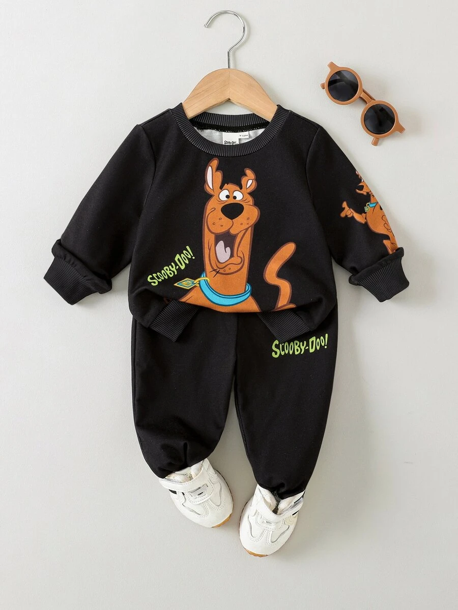 SCOOBY-DOO X SHEIN Baby Boy Cartoon Pattern Long Sleeve Sweatshirt And Pants Casual Daily Outfit - Black - View 1