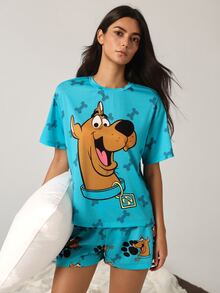 SCOOBY-DOO X SHEIN Women's Bone Print Short Sleeve Top And Shorts Pajama Set - Cadet Blue - View 4