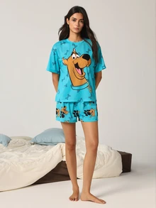SCOOBY-DOO X SHEIN Women's Bone Print Short Sleeve Top And Shorts Pajama Set - Cadet Blue - View 1