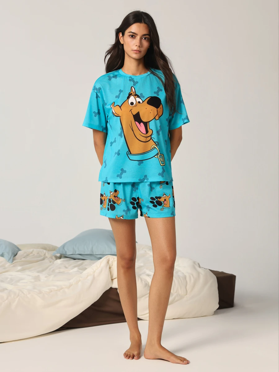 SCOOBY-DOO X SHEIN Women's Bone Print Short Sleeve Top And Shorts Pajama Set - Cadet Blue - View 1
