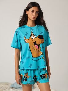 SCOOBY-DOO X SHEIN Women's Bone Print Short Sleeve Top And Shorts Pajama Set - Cadet Blue - View 3