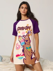 SCOOBY-DOO X SHEIN Women's Letter Cartoon Print Casual Daily Home Sleep Dress - White - View 6