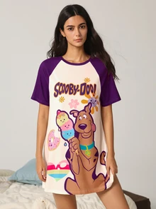 SCOOBY-DOO X SHEIN Women's Letter Cartoon Print Casual Daily Home Sleep Dress - White - View 3