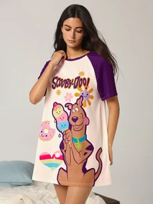 SCOOBY-DOO X SHEIN Women's Letter Cartoon Print Casual Daily Home Sleep Dress - White - View 4