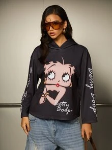 Betty Boop x SHEIN Women's Letter Cartoon Print Casual Daily Sweatshirt Sweatshirt - Black - View 4
