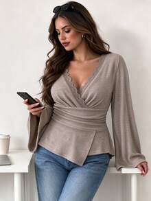 Elegantrix Plus Size French Casual Brushed Ribbed Tee, Wrap Waist Design, Soft Stretchy & FigureFlattering Top - Apricot - View 3