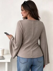 Elegantrix Plus Size French Casual Brushed Ribbed Tee, Wrap Waist Design, Soft Stretchy & FigureFlattering Top - Apricot - View 2