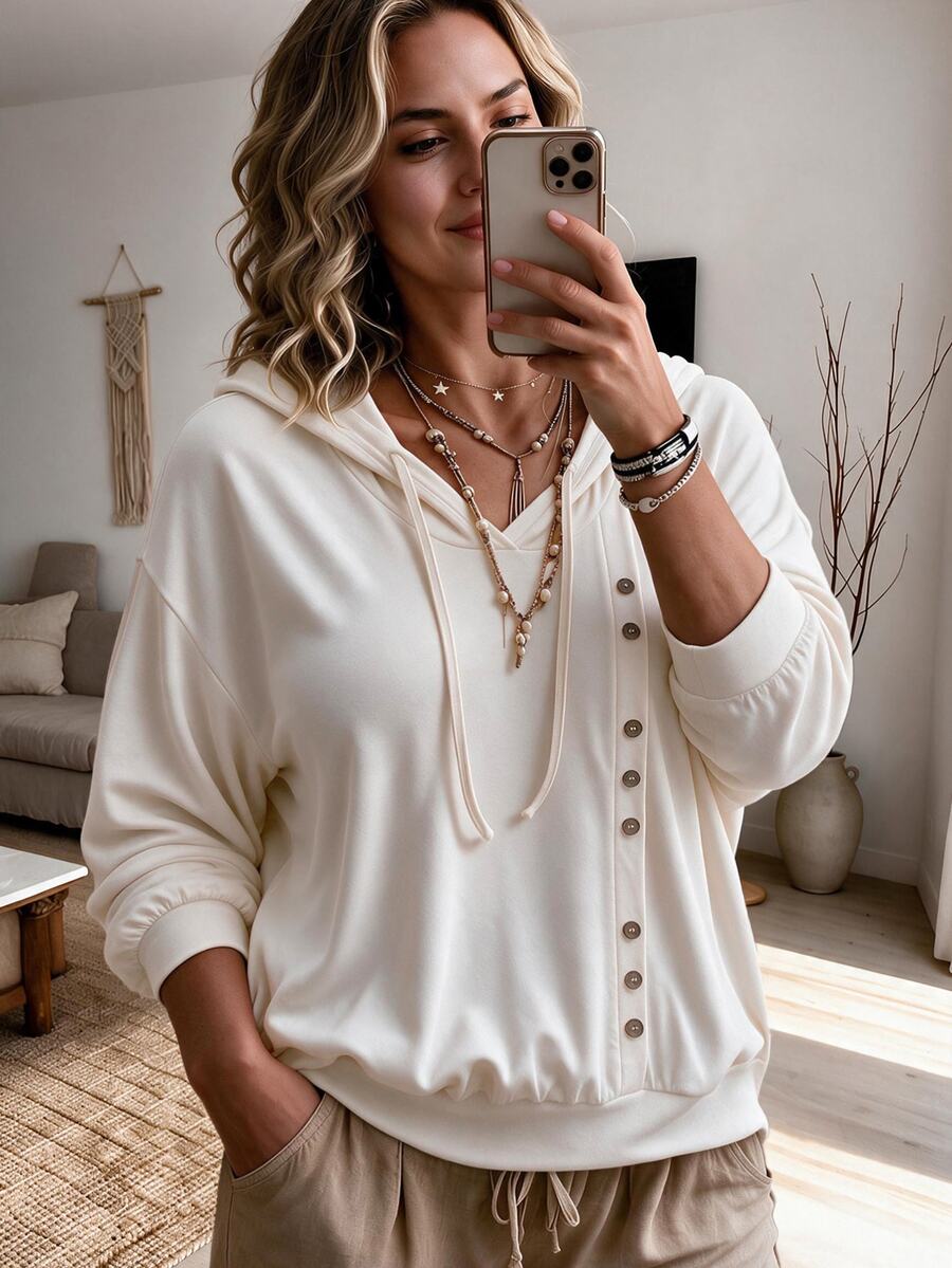 Weeklong Plus Size Women's Autumn/Winter Hooded Asymmetric Diagonal Button Decor Casual Daily Sports Sweatshirt - Apricot - View 1